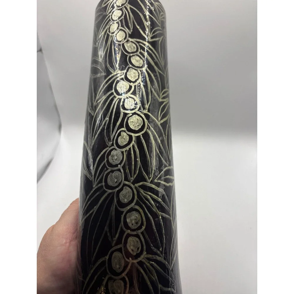Handcraft Etched Bamboo Cylinder Vase Black Lacquer Botanical Leaf Berry Design